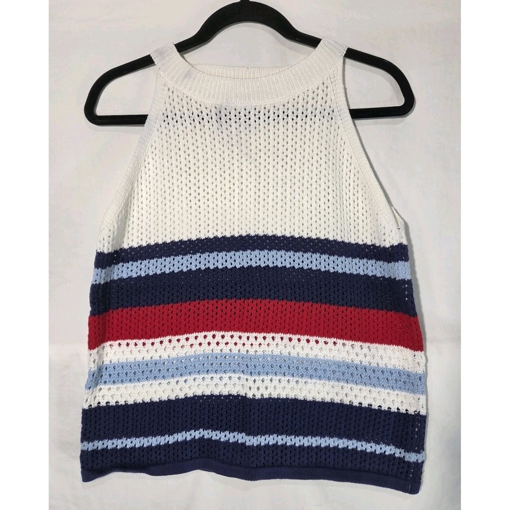 AnnieWear Striped Knit Tank Top Womens XL White Navy Red Nautical Crochet Halter